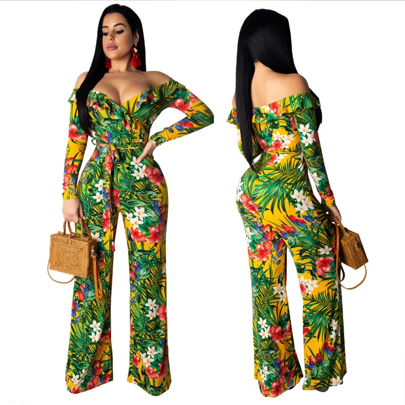 

2019 Fall Winter Off shoulder skinny women jumpsuit romper Skinny print sexy jumpsuit Two-piece suit summer jumpsuit overalls