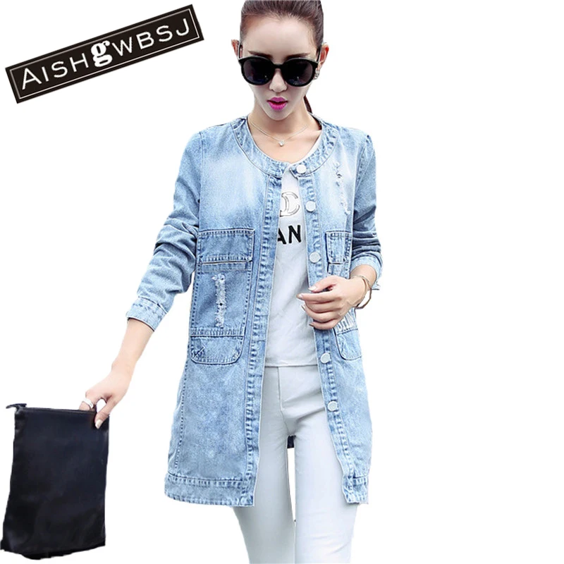 Image Plus Size 2015 New Women s Long Denim Jackets Coats Spring Autumn Outerwear Fashion Single Breasted Casual Overcoat  ZP648