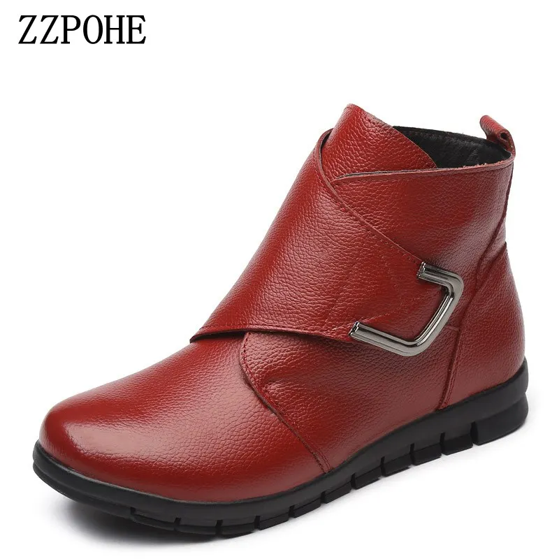 

ZZPOHE Women Boots Winter New Fashion Female Warm Snow Boots Woman Genuine Leather Flat Ankle Boots Women Plus Size Shoes