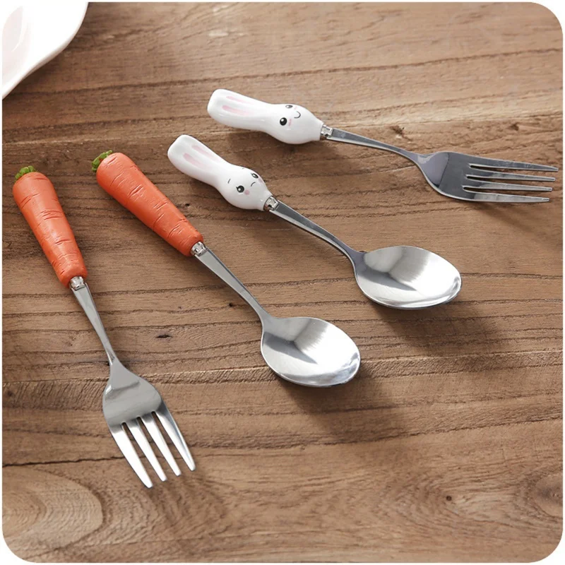 Детская посуда с кроликом морковкой из нержавеющей стали, детский набор ложка и вилка, столовая посуда с мультяшным рисунком, Детская обучающая посуда, детская ложка