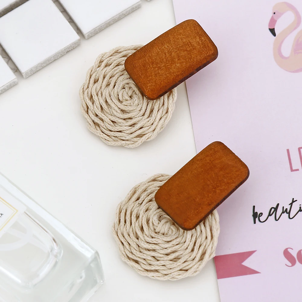 YAOLOGE New Handmade Wooden Straw Weave Rattan Earring Brown Vine Braid Geometric Round Drop Earrings For Women Jewelry 2019