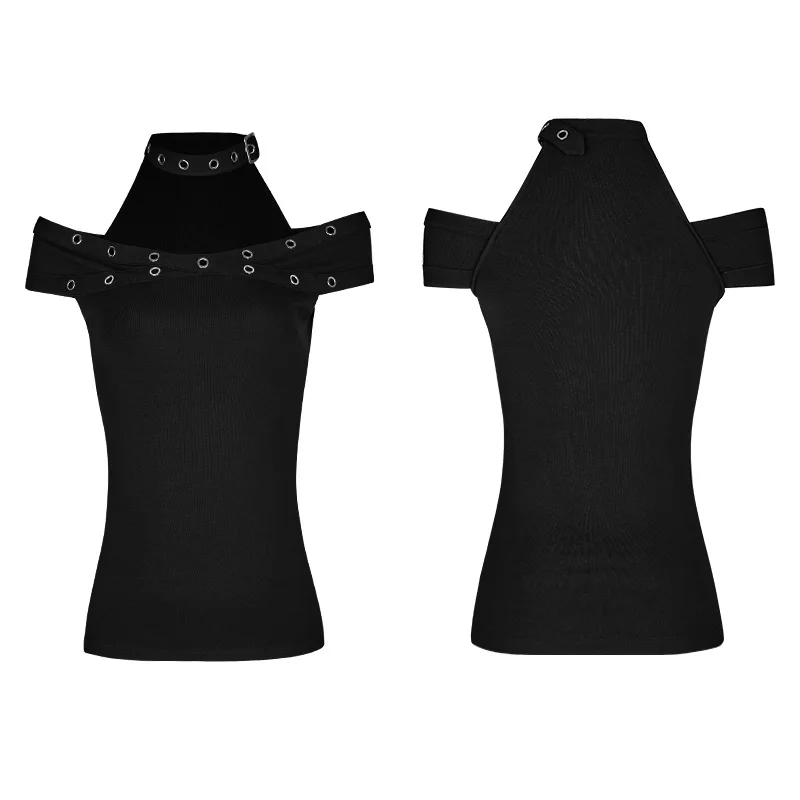 Панк рейв повседневные хлопковые черные готические модные облегающие с бретелькой через шею лодочкой женские футболки топы OPT159