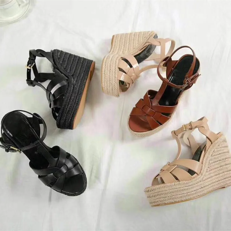 2018 Hot Summer Shoes Genuine Leather Embellished Women Brown /black T Strap Wedge Sandals 10.5cm High Heels 2018 Hot Summer Shoes Genuine Leather Embellished Women Brown /black T Strap Wedge Sandals 10.5cm High Heels