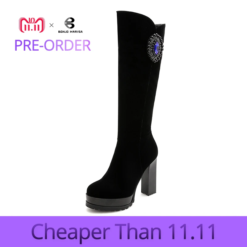 

BONJOMARISA Women 2018 Nubuck Faux Suede Knee Boots Square High Heel Platform Shoes Woman Rhinestone Beaded Knight Boots