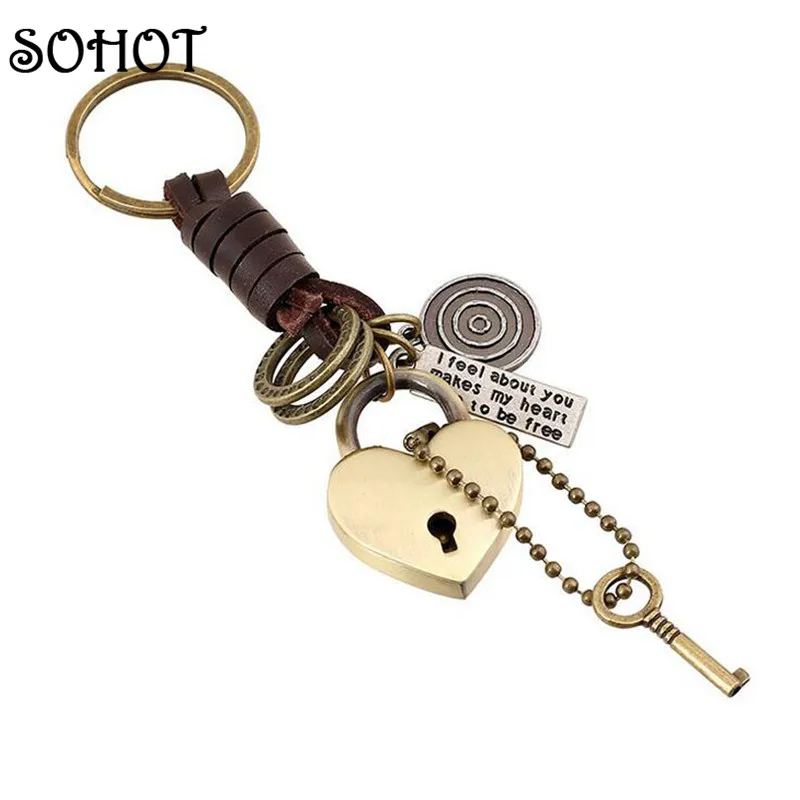 

SOHOT Cute Jewellery Keychain Love Heart Key Handbags Pendant Genuine Leather Vintage Key Chains Key Ring for Women Men Gifts