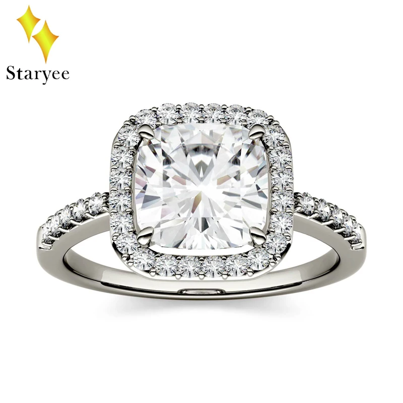 

Cushion Moissanite Engagement Halo Ring 1.1ct 6mm DEF Colorless Lab Diamond Side Round Stones 14K White Gold Wedding Rings