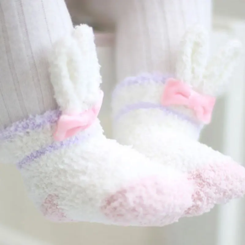 Детские Модные От 0 до 1 года милые теплые зимние носки для маленьких девочек утепленные коралловые кашемировые носки с бантиком и заячьими ушками