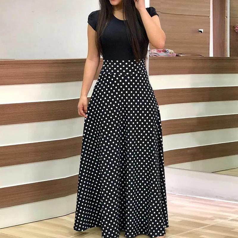 Summer Fake Two Piece Plus Size Floor-length Dress Women Short Sleeve Printing Dresses Female O-Neck Dot Long Maxi Vestidos