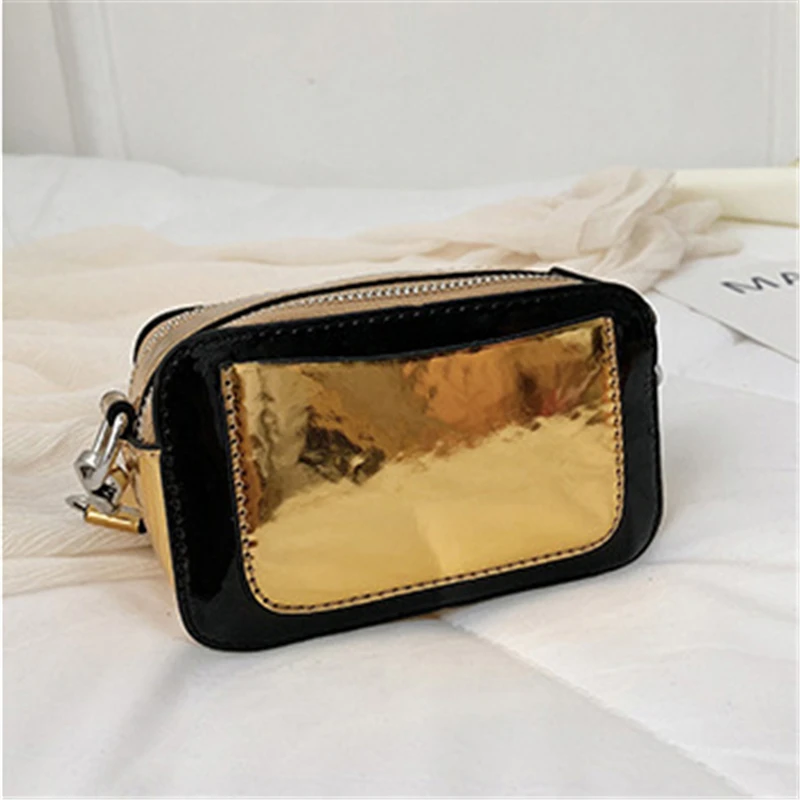 

Children's bag 2019 laser patent leather small square bag wide shoulder strap double zipper shoulder bag girls bag