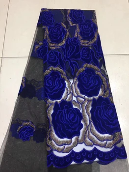

Nigerian velvet net lace wedding, embroidered lace fabric, royal blue velvet lace fabric FJ28171