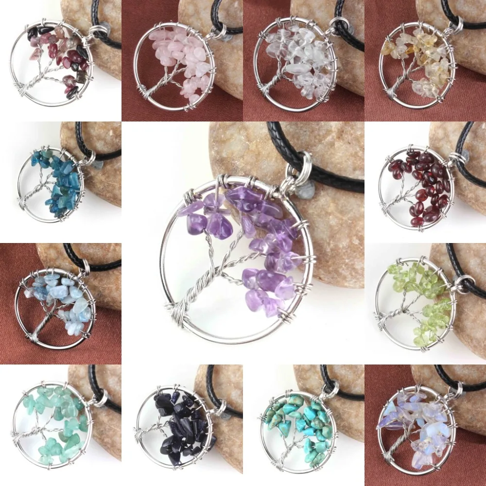 Natural Gnergy Gemstone~ Silver Plated Wire Wrapped Tree Of Life Healing Crystal Quartz Purple Amethysts Round Chakra Reiki Stone Pendant Necklace 2 AA00409005901b_conew1