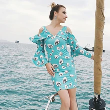2019 New Sexy V-neck Shoulder-exposed Printed Flare Sleeve Tight-fitting Hip-wrapped Lady's Dress printed thick strap form fitting dress