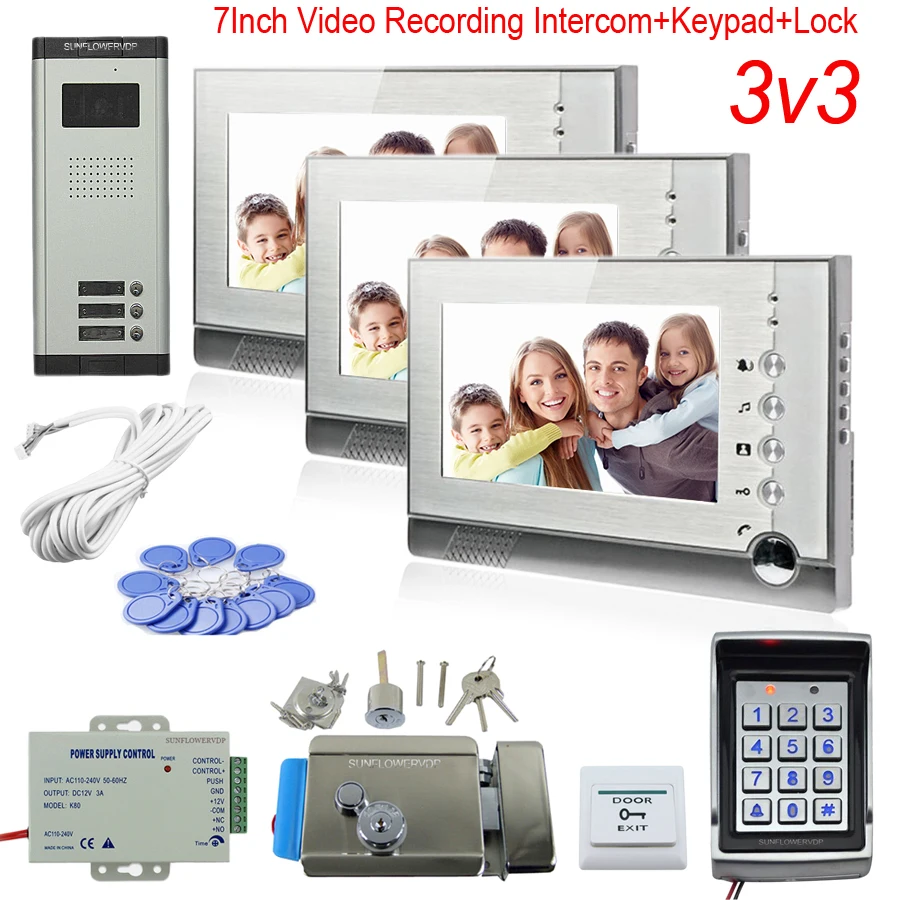 3 Apartments Video Intercom Monitor Support Take Photos/Video Recording Video Call For Door Access Keyboard Rfid Code Function