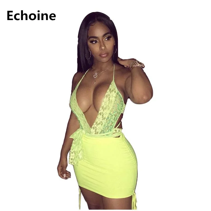 

Summer Women 2 Piece Set Sexy Lace Bodysuit Spaghetti Strap Bodysuit anD Mini Skirt Slim Bodycon Club Outfit Party Skirt Set