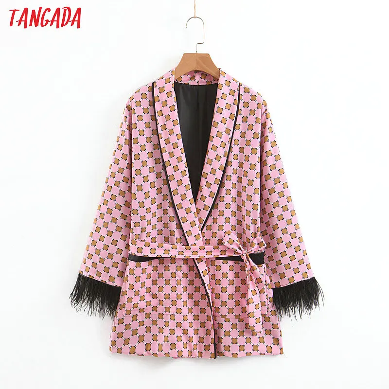 

Tangada fashion women dot print blazer feather long sleeve bow with belt notched collar oversize office ladies blazer coat SL356