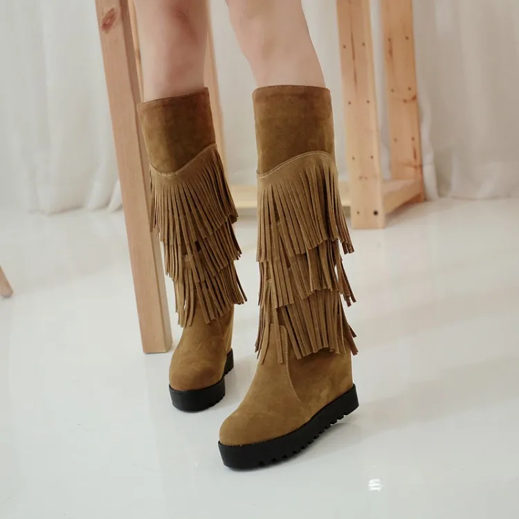 PXELENA Knee High Tassel Boots Women Spring Autumn Hidden High Heel