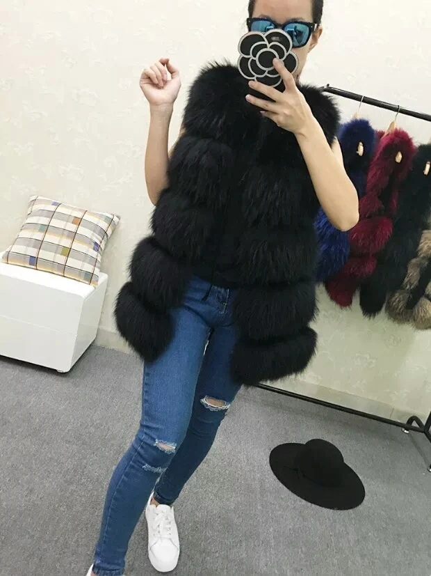 Black 70cm Новые с мехом енота меховой жилет из лисьего меха короткий длинный жилет без рукавов тонкое женское пальто - Цвет: Black 70cm