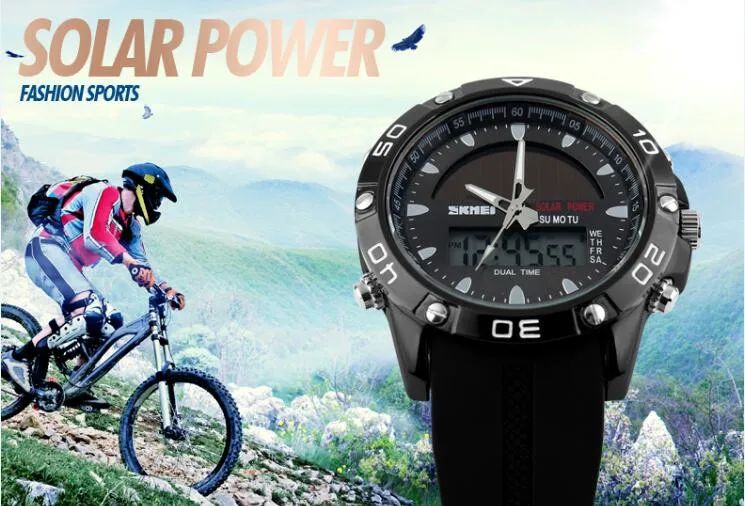 Watches Men Waterproof Solar Power Sports Casual Watch Man Men's Wristwatches 2 Time Zone Digital Quartz LED Clock Men