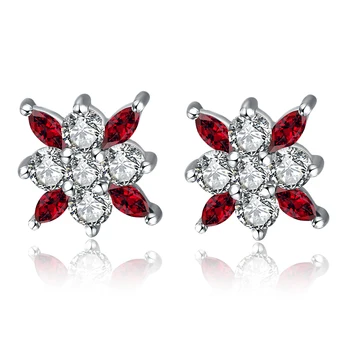

Sterling Silver Jewelry Earrings Wholesale Red Zircon Diamond Earrings Stud for Women Flower Design Engagement Jewelry with Box