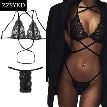 

Sexy Lace Ultrathin Lingerie Set Plus Size Underwear Women Transparent Halter Bra And Panty Set Push Up Retro Floral Sexy Tops