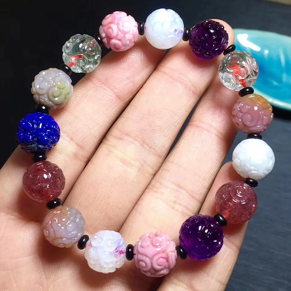 

11.3mm Natural Colorful Different Mixed Stone Moonstone Amazonite Amethyst Rose Phantom Strawberry Quartz Lapis Bead Bracelet