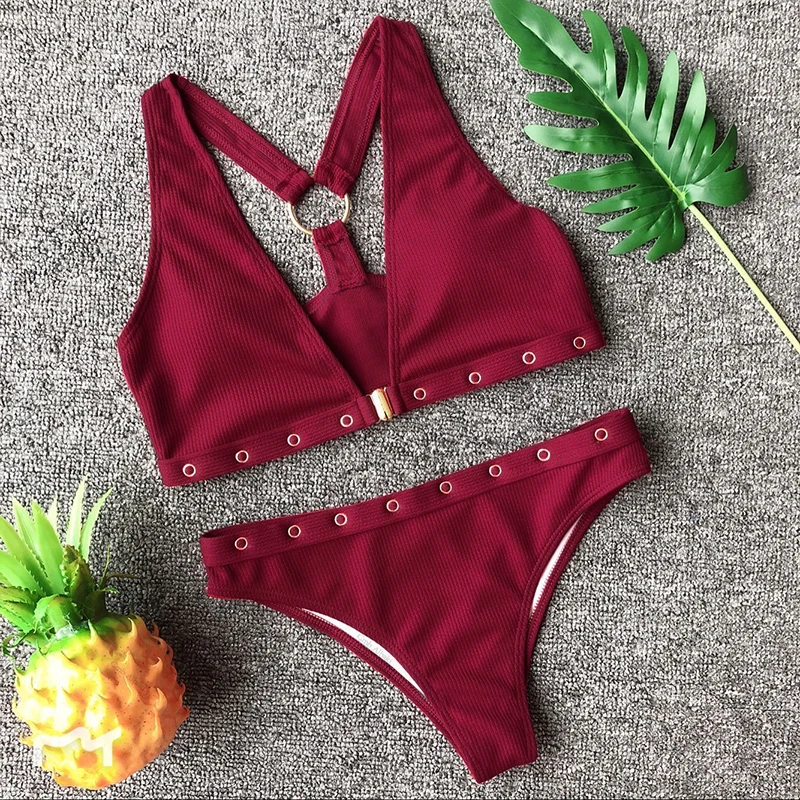 

Solid Bikini Love New Arrival Beachwear Padded Swimsuit Brazilian Biquini Swimwear Summer Women Sexy Metal Patchwork