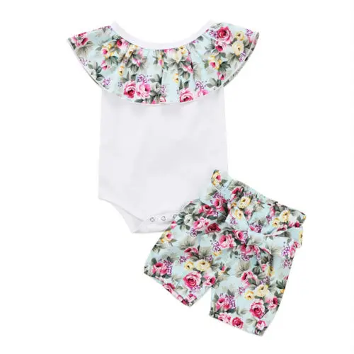 

US STOCK Newborn Baby Girl floral clothes rose print sleeveless ruffles white Romper Floral Shorts Outfit Clothes set for baby