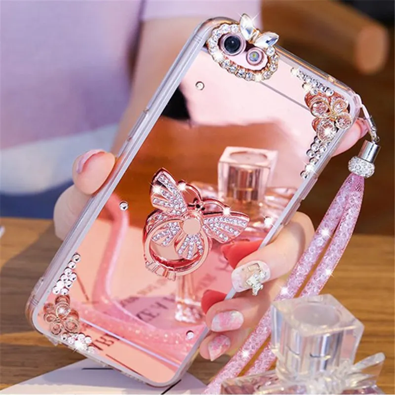 

For Huawei P10 P20 Lite Plus Mate 10 Pro selfie smart Crystal Rhinestone gemstone Mirror Back cover Soft finger ring Phone case