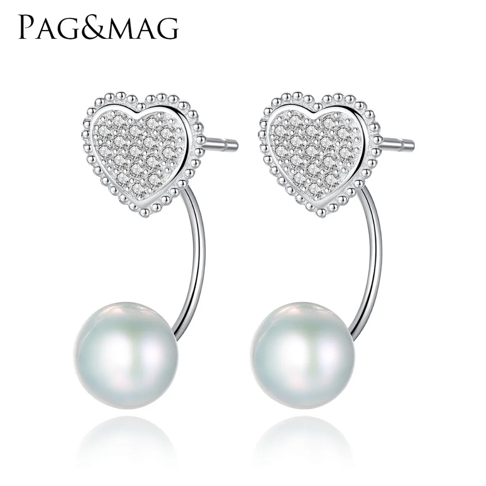 

PAG&MAG Brand Love Heart 925 Sterling Silver Stud Earrings with Natural Pearl Romantic Fine Jewelry Women Earring Silver Factory
