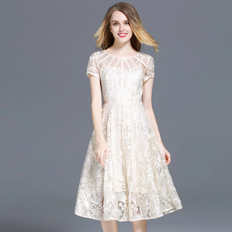 

Summer Dress Beige Embroidered Lace Dress Beach Party Dress Sweet Style Knee-Length Short Dress for Women