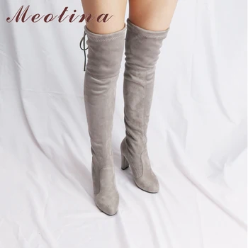 

Meotina Women Shoes Winter High Heels Over the Knee Boots Sexy Lace Up Flock 2018 Autumn Shoes Black Stiletto Long Boots Size 42