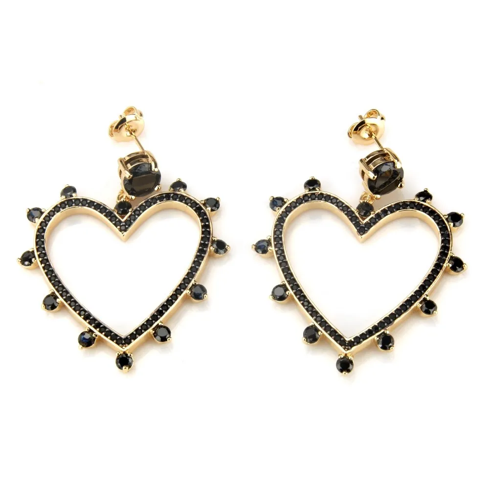 

Women Love Heart Drop Earrings Gold Color Copper Pins Black Cubic Zirconia MOLINUO