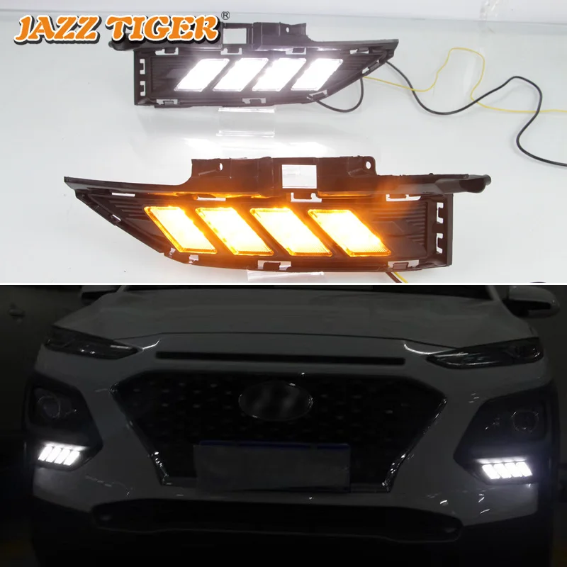 

JAZZ TIGER Flowing Yellow Turn Signal Function 12V Car DRL Lamp Daylight LED Daytime Running Light For Hyundai Kona 2018 2019