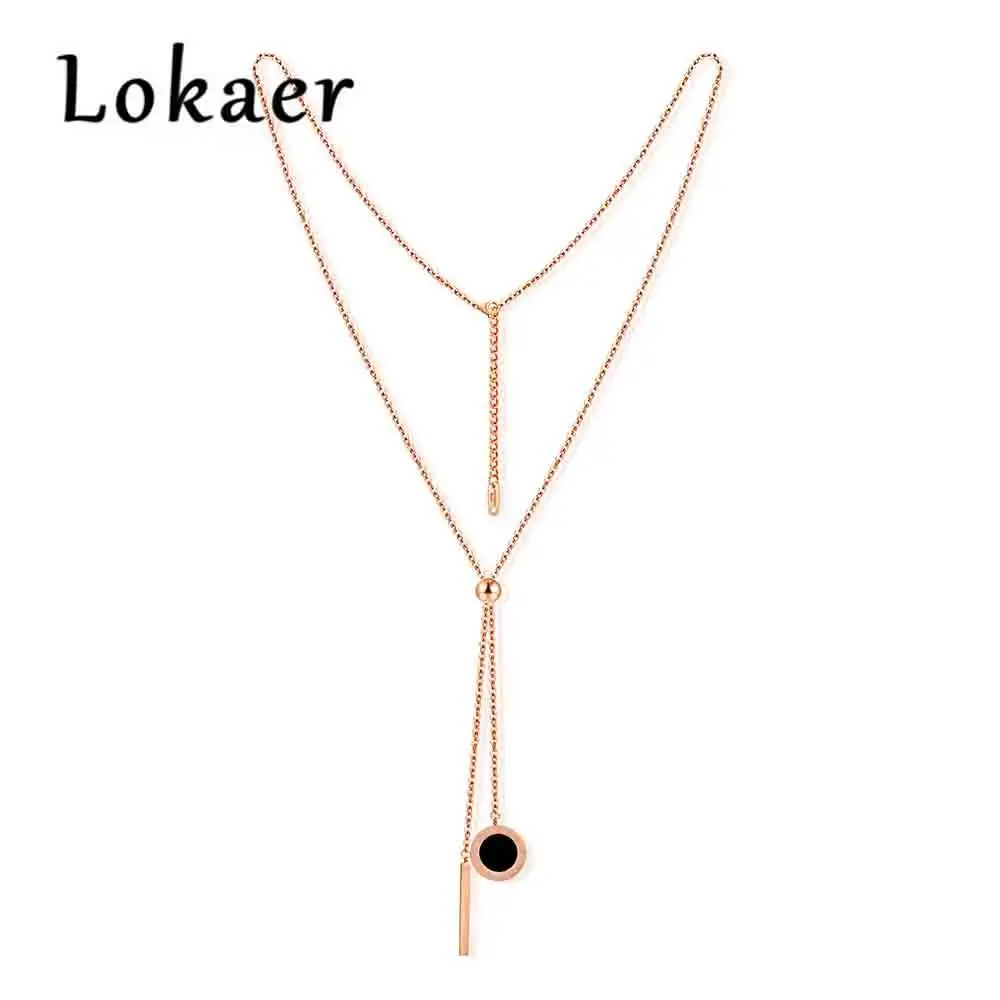 

Lokaer Titanium Steel Roman Tassel Sweater Chain Necklaces Rose Gold Color Double-sided Black & White Long Necklace OGX1301