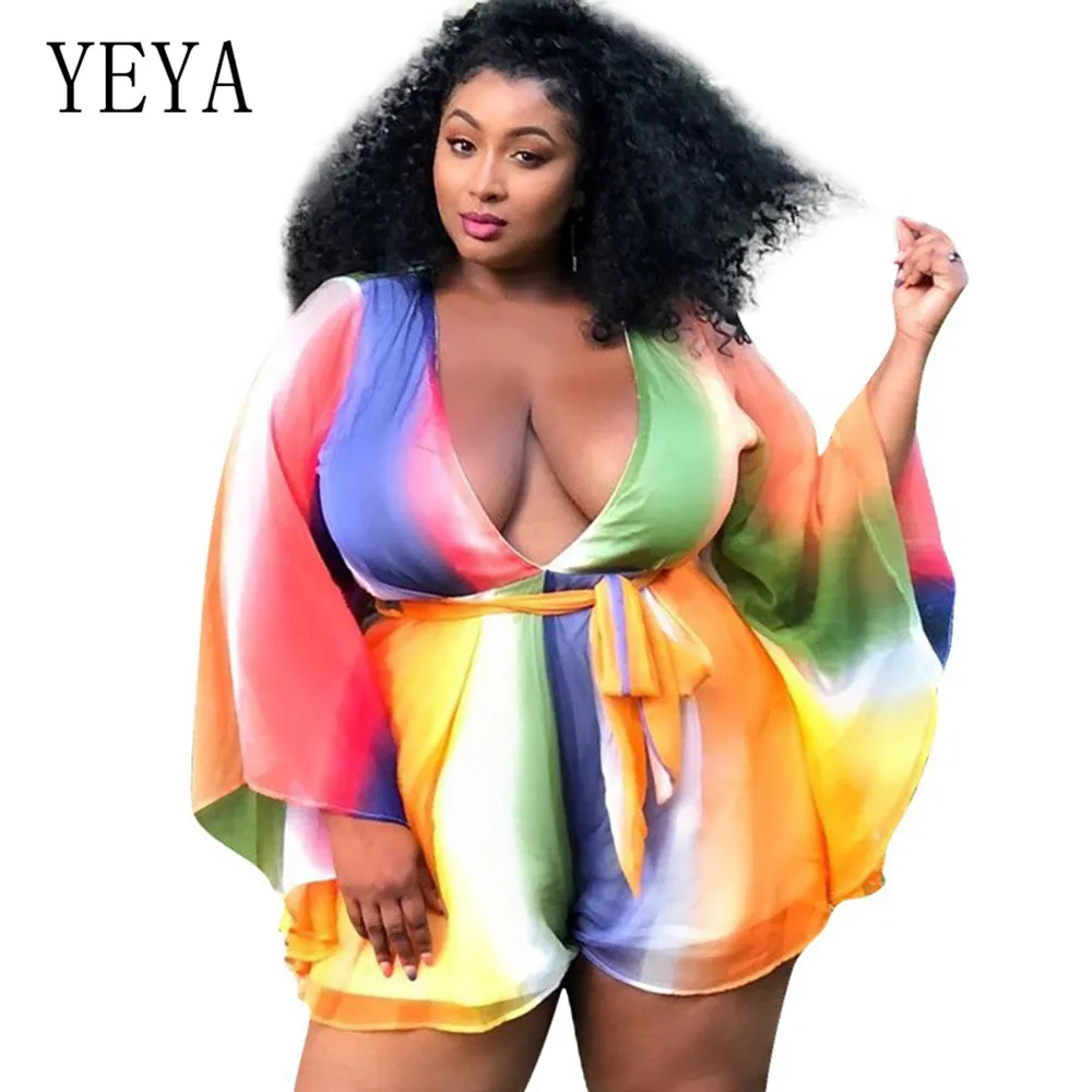 

YEYA Rainbow Printed Plus Size 3XL Sexy V-neck Long Sleeve Jumpsuits Casual Vintage Elegant Playsuits Women Petos Mujer Verano