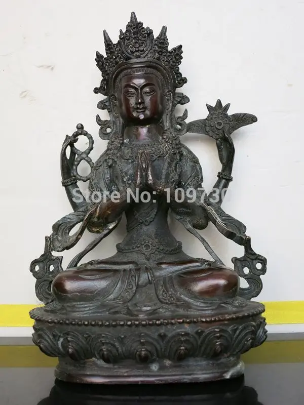 

001242 Tibet Buddhism four arms Guan yin Buddha bronze statue