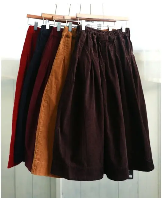Literature Plus Size Style Corduroy Skirt Mid-length Vintage Loose A-line Type Skirt Elastic Waist Pleated Bubble Long Skirt 16