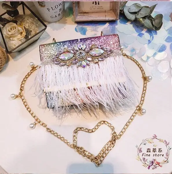 

New European station fashion sequins rhinestones cute shoulder chain bag sweet pink ostrich fur grass handbag