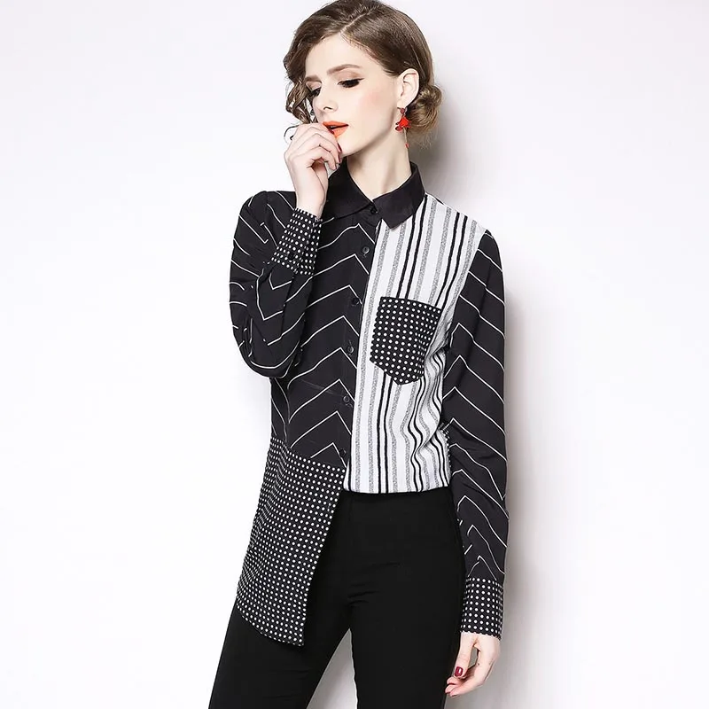 19 New Stripe Dot Womens Blouses Fashion Print White Black Long Sleeves Shirts Female Casual Office Tops 19 New Stripe Dot Womens Blouses Fashion Print White Black Long Sleeves Shirts Female Casual Office Tops