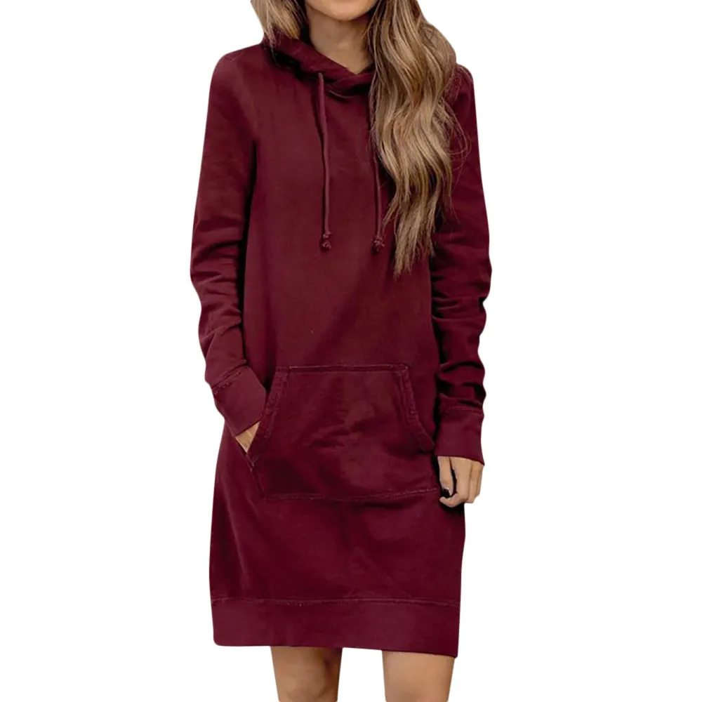 

Long Wine red Sweatshirt Dress large multi-pocket autumn winter primer slim Women Hooded Winter Warm Pockets Clothes Loose #15