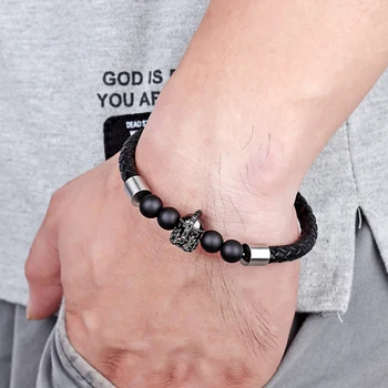 

New Men's Jewelry Punk Black Woven Leather Bracelet Knight Crown Men's Stainless Steel Magnetic Buckle Bracelet Fashion Gifts