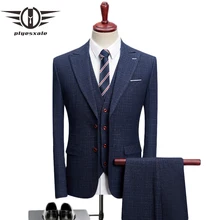 Plyesxale мужские свадебные костюмы Новое поступление приталенные Темно-Синие Клетчатые костюмы для мужчин модный бренд мужской деловой костюм Q130