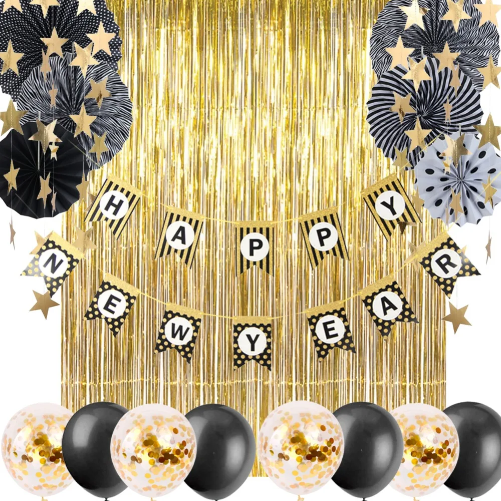 

2019 Happy New Year Decoration Funny Photo Booth Props Gold Black Banner Garland Hanging Star Christmas Navidad Party Supplies