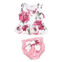 Летняя одежда для маленьких девочек, жилет с цветочным рисунком, топы, шорты с бантом, милые штаны, комплект из 2 предметов, комплект одежды для девочек