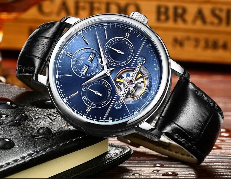 Роскошные водостойкие часы для мужчин сапфировое стекло кожаный ремешок Дата неделю автоматические механические часы синий циферблат