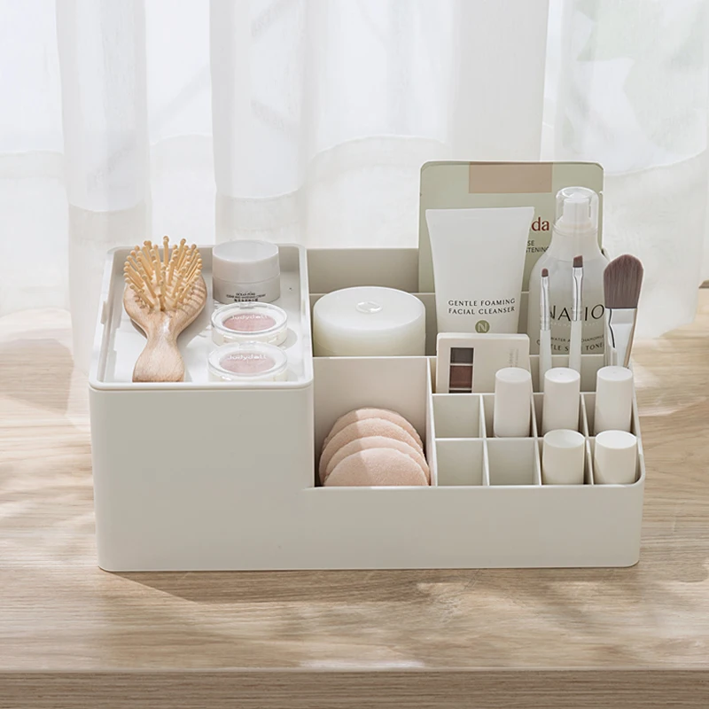 

Multi Grid Cosmetic Makeup Organizer With Lid Jewelry Lipstick Brush Display Necklace Earrings Bracelet Storage Case Accessories
