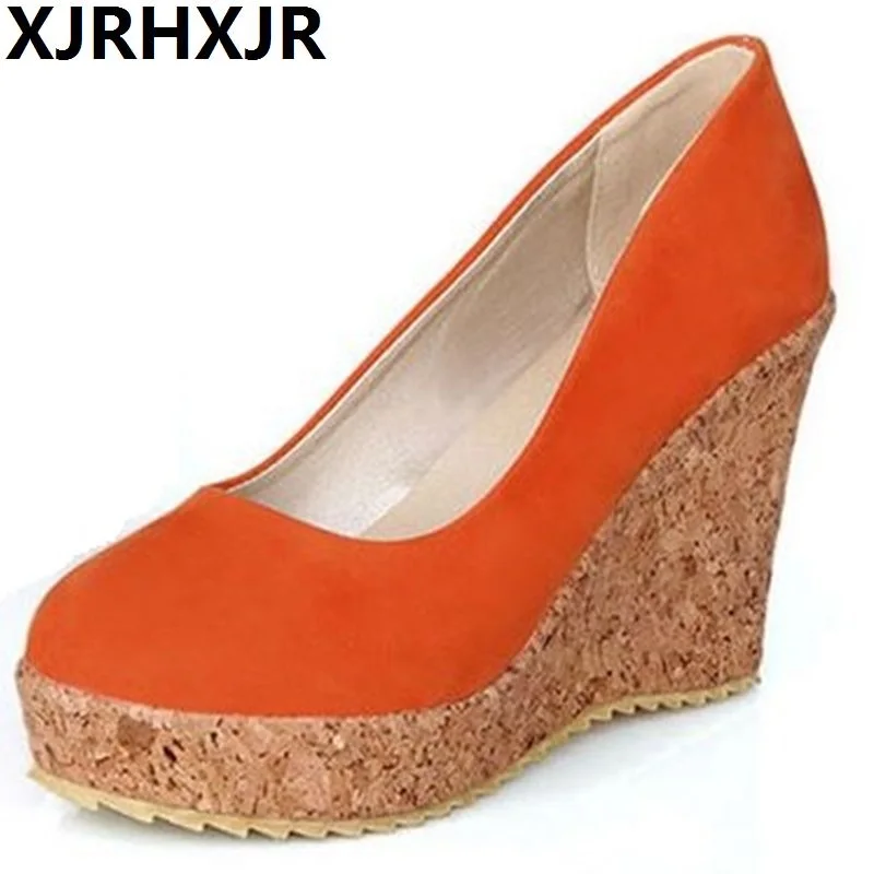 

XJRHXJR Brand New Fashion Slip On Round Toe Wedges Women Pumps Spring / Autumn 4-color Wedding Shoes Large Size 34-43