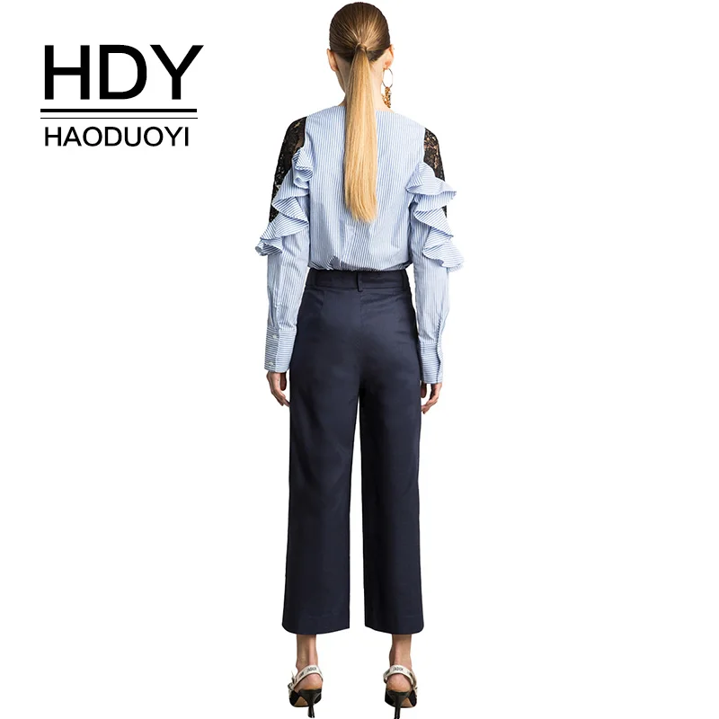 HDY Haoduoyi женские брюки длинные свободные капри плиссированные однотонные синие 2017