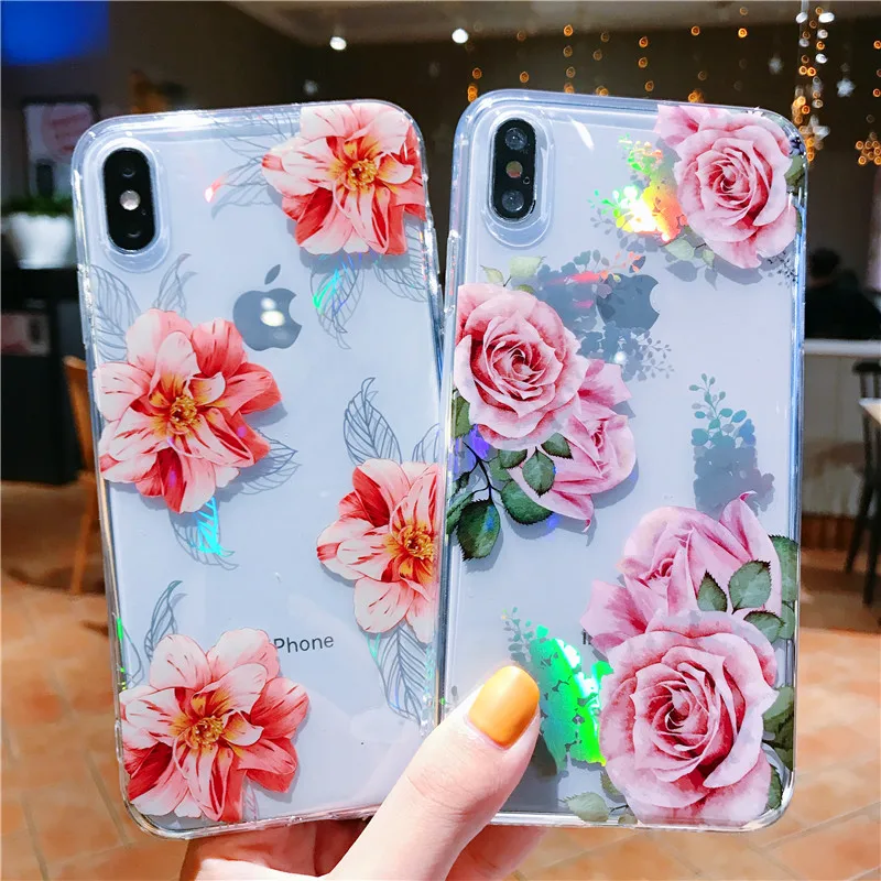 

Blue ray flower phone case For iPhone X XR XS Max Soft TPU Transparent Case Shockproof Clear Cover For iPhone 7 8 6 6s Plus