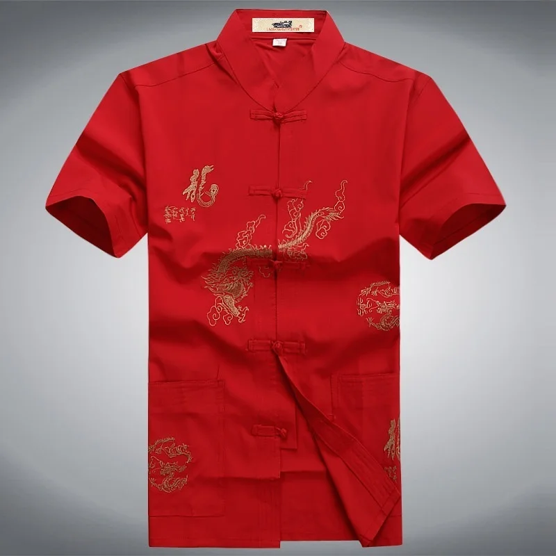 Летние шорты Рубашки для мальчиков Традиционный китайский мужские красный черный, белый цвет кунг-фу Боевые искусства форма рубашка Дракон топ с вышивкой - Цвет: Красный